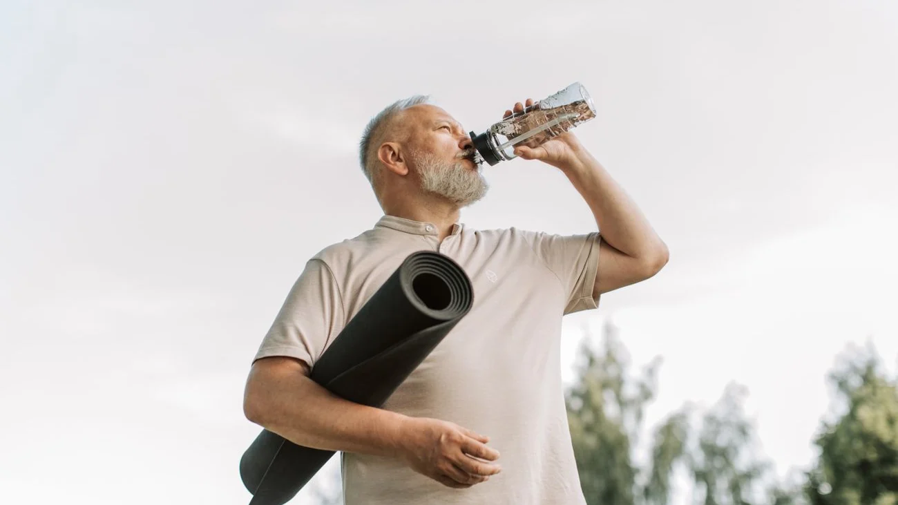 Senior buvant de l’eau après une activité physique douce